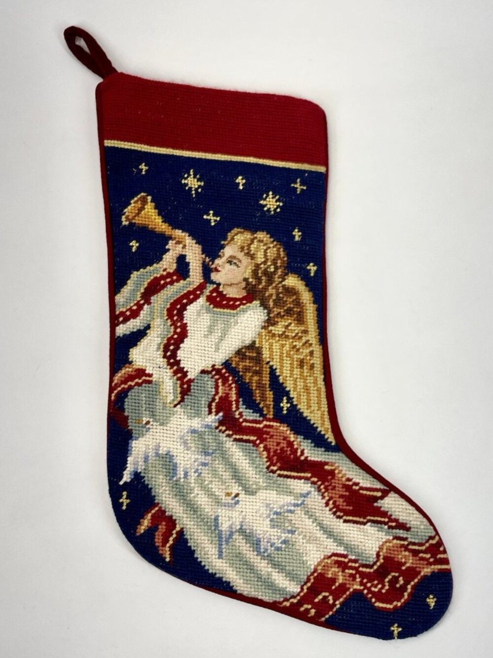 Vintage Imperial Elegance Wool Needlepoint Christmas Angel Stocking Velvet Red